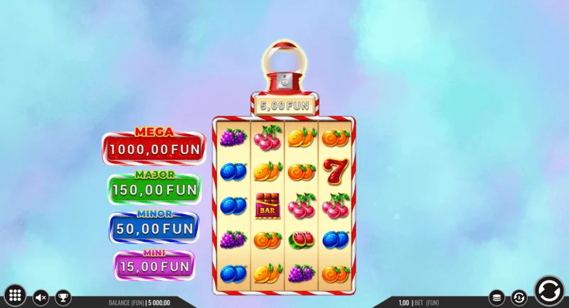 Sweet Candy Cash Stash – játékképernyő oszlopokkal és vezérlőgombokkal